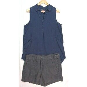 Forcynthia Blue Linen Top & Lou Grey Linen Black Shorts Womens Med Beach